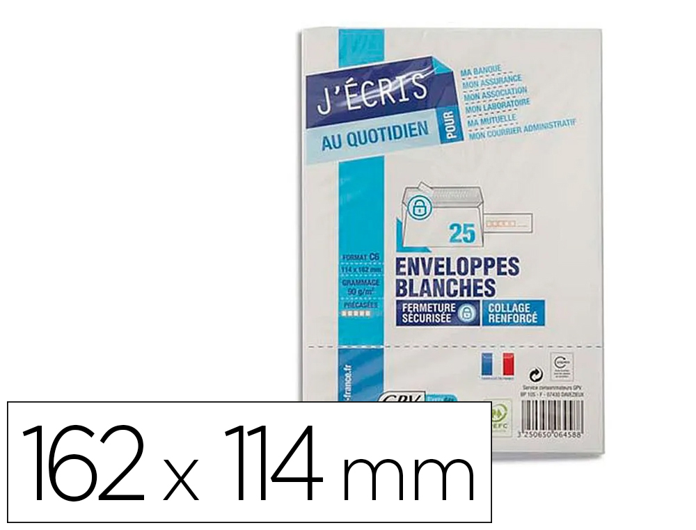 ENVELOPPE GPV PRCASE VLIN BLANC 90G C6 114X162MM ADHSIVE FOND GRIS PAQUET 25 UNITS