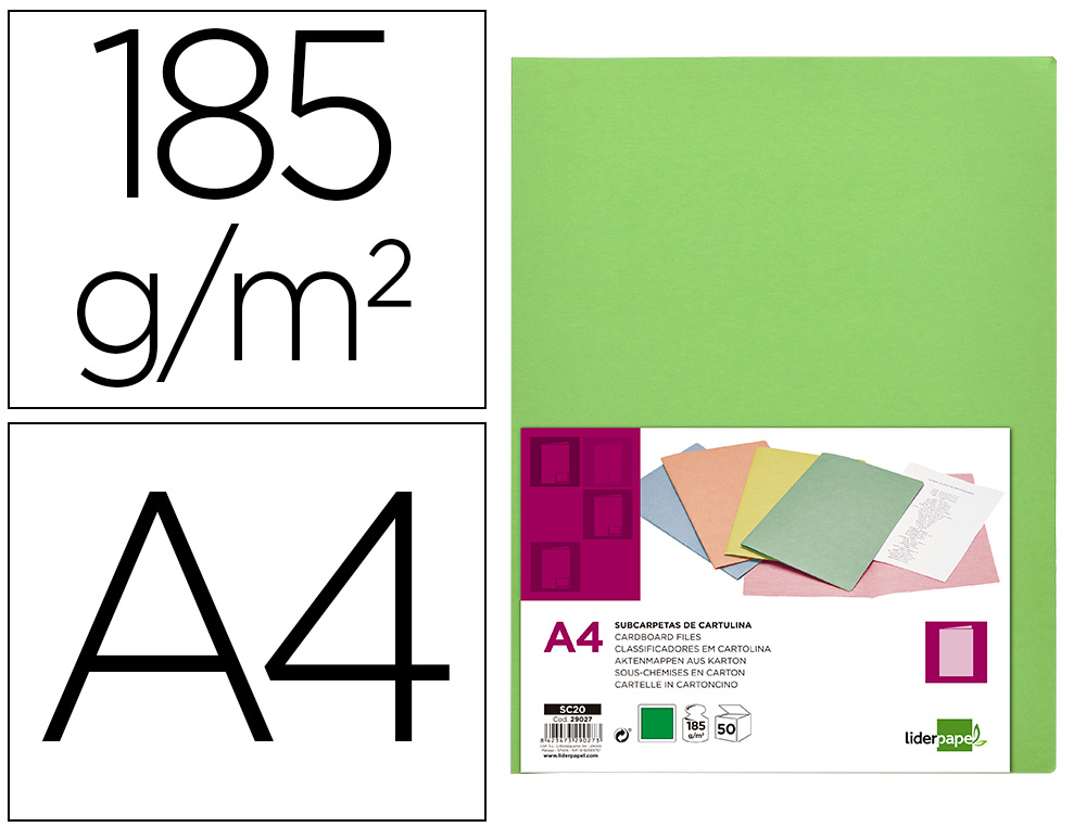 Sous-chemise liderpapel papier cartonné 180g 310x230mm document a4  210x297mm coloris pastel vert intense