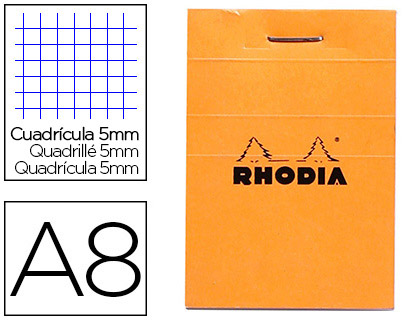 BLOC BUREAU RHODIA A8 PAPIER VLIN SURFIN COUVERTURE ENDUITE ENVELOPPANTE 52X75MM 80F DTACHABLES 80G 5X5MM ORANGE