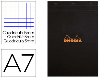 BLOC BUREAU RHODIA A7 PAPIER VLIN SURFIN COUVERTURE ENDUITE ENVELOPPANTE 74X105MM 80F DTACHABLES 80G 5X5MM NOIR
