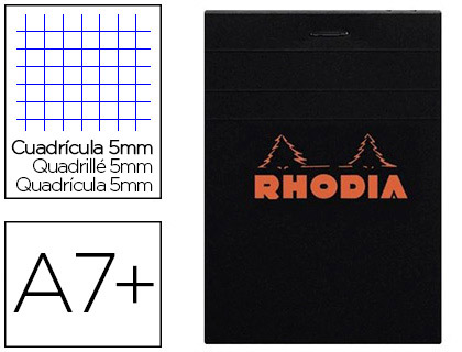 BLOC BUREAU RHODIA A7+ PAPIER VLIN SURFIN COUVERTURE ENDUITE ENVELOPPANTE 85X120MM 80F DTACHABLES 80G 5X5MM NOIR