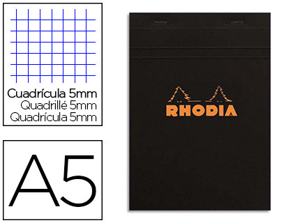BLOC BUREAU RHODIA A5 PAPIER VLIN SURFIN COUVERTURE ENDUITE ENVELOPPANTE 148X210MM 80F DTACHABLES 80G 5X5MM NOIR