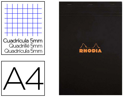 BLOC BUREAU RHODIA A4 PAPIER VLIN SURFIN COUVERTURE ENDUITE ENVELOPPANTE 210X297MM 80F DTACHABLES 80G 5X5MM NOIR
