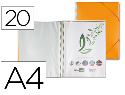 PROTGE-DOCUMENTS LIDERPAPEL POLYPROPYLNE COUVERTURE RIGIDE SPIRALE 20 POCHETTES FIXES A4 210X297MM COLORIS ORANGE