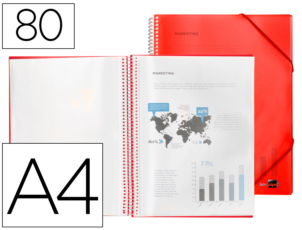 PROTGE-DOCUMENTS LIDERPAPEL POLYPROPYLNE COUVERTURE RIGIDE SPIRALE 80 POCHETTES FIXES A4 210X297MM COLORIS ROUGE