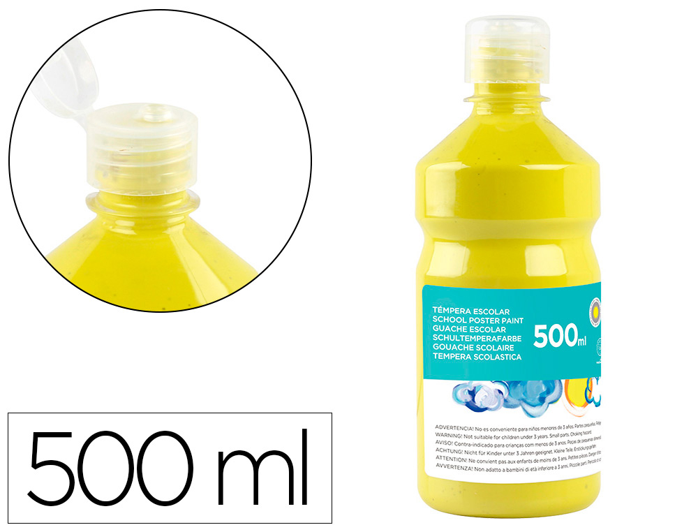 GOUACHE SCOLAIRE LIDERPAPEL LIQUIDE LAVABLE FERMETURE SCURIT BRILLANTE COLORIS JAUNE CITRON FLACON 500ML
