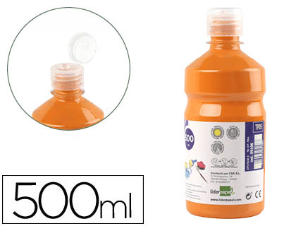 GOUACHE SCOLAIRE LIDERPAPEL LIQUIDE LAVABLE FERMETURE SCURIT BRILLANTE COLORIS ORANGE 500ML