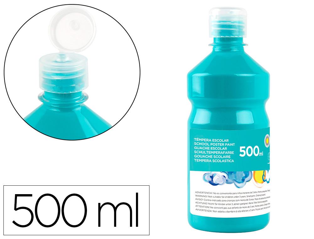 GOUACHE SCOLAIRE LIDERPAPEL LIQUIDE LAVABLE FERMETURE SCURIT BRILLANTE COLORIS TURQUOISE FLACON 500ML