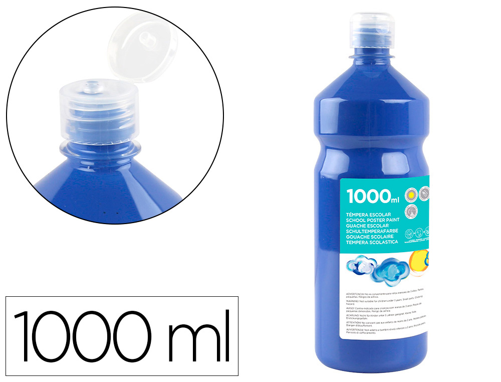 GOUACHE SCOLAIRE LIDERPAPEL LIQUIDE LAVABLE FERMETURE SCURIT BRILLANTE COLORIS BLEU MARINE FLACON 1000ML