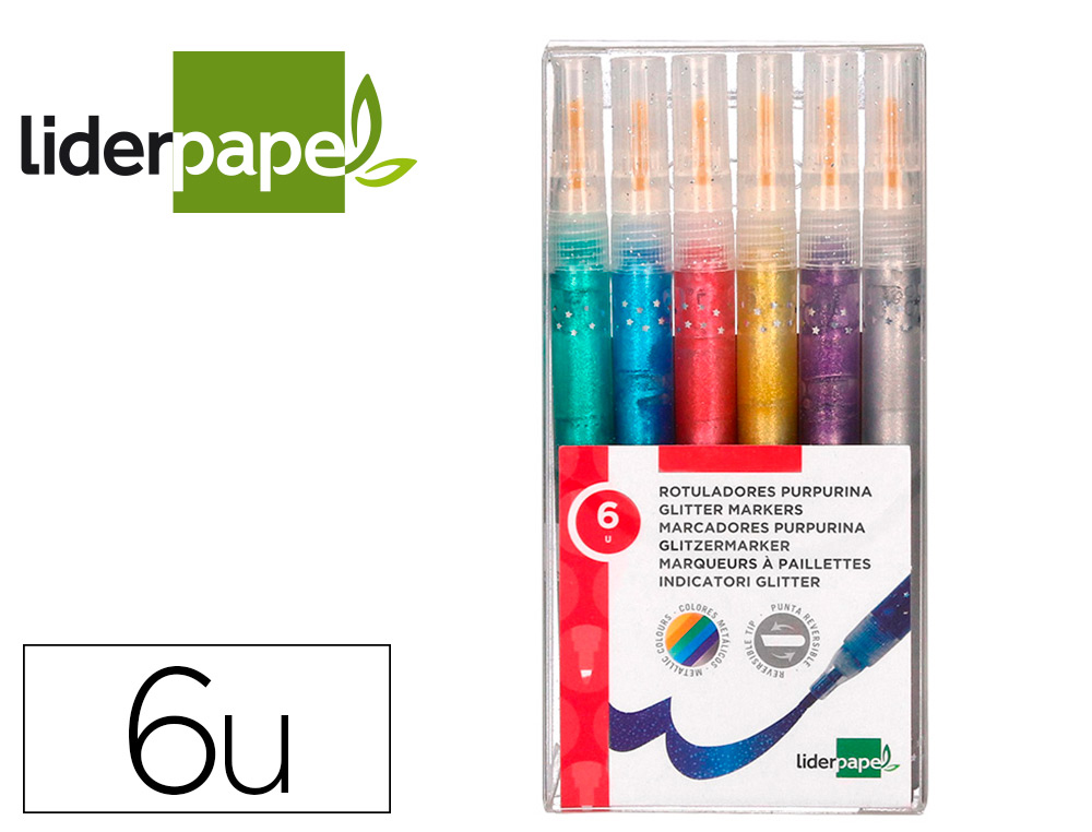 FEUTRE LIDERPAPEL ENCRE METALLISEE PAILLETEE DOUBLE   POINTE ETUI DE 6U ASSORTIES