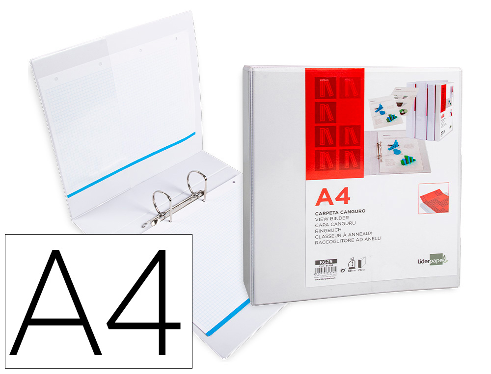 CLASSEUR KANGOUROU LIDERPAPEL 2 ANNEAUX 55MM 283X320MM DOCUMENT A4 PLASTIQUE DOS 78MM COLORIS BLANC