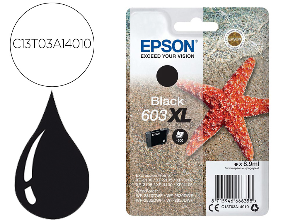 CARTOUCHE ENCRE EPSON  603XL XP-2100 / 3100 / 4100 /       WF-2810 / 2830 / 2835 / 2850  COULEUR NOIR 500 PAGES