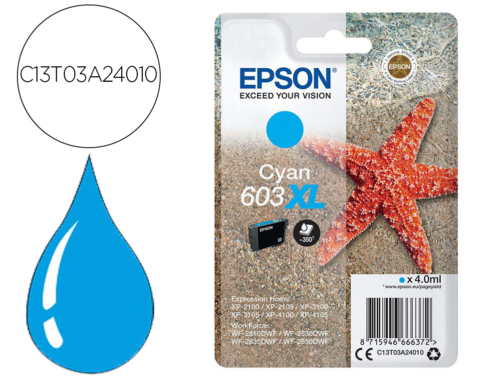 CARTOUCHE ENCRE EPSON  603XL XP-2100 / 3100 / 4100 /       WF-2810 / 2830 / 2835 / 2850  COULEUR CYAN 350 PAGES
