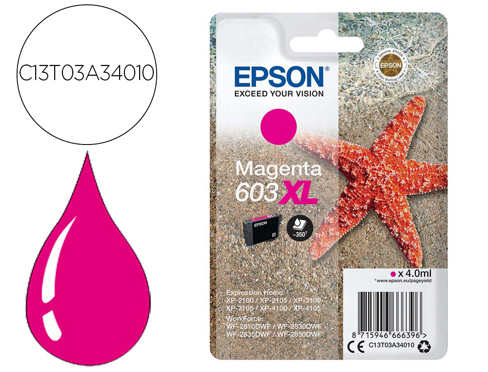 CARTOUCHE ENCRE EPSON  603XL XP-2100 / 3100 / 4100 /       WF-2810 / 2830 / 2835 / 2850  COULEUR MAGENTA 350 PAGES