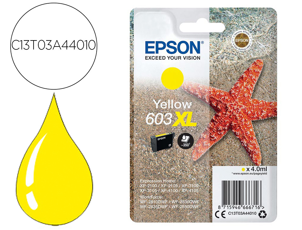 CARTOUCHE ENCRE EPSON  603XL XP-2100 / 3100 / 4100 /       WF-2810 / 2830 / 2835 / 2850  COULEUR JAUNE 350 PAGES