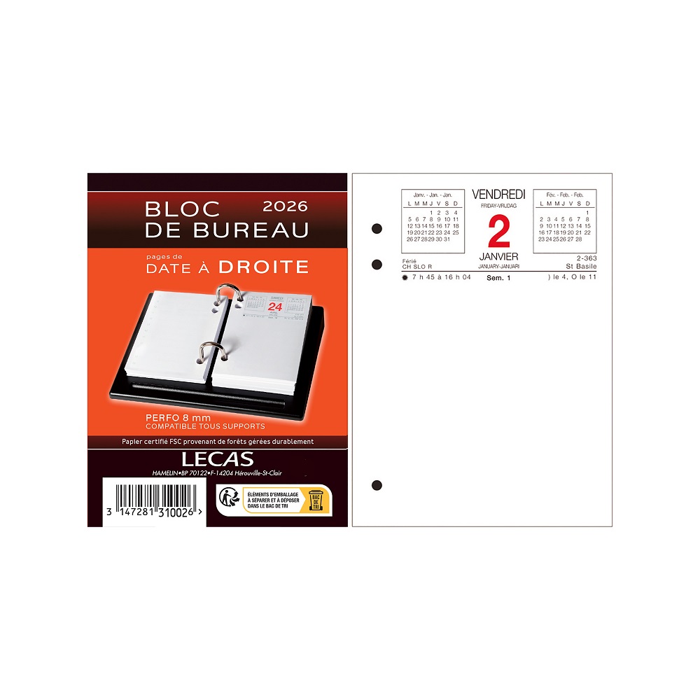 CALENDRIER LECAS 2026 BLOC DATE A DROITE 8,5X11,5CM 1    JOUR/PAGE FRANAIS