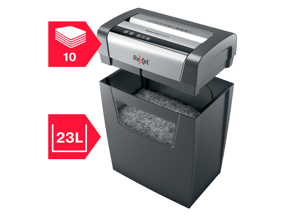 DESTRUCTEUR DE DOCUMENTS REXEL MOMENTUM X410 COUPE     CROISEE EN PARTICULES 10F     CORBEILLE DE 23L