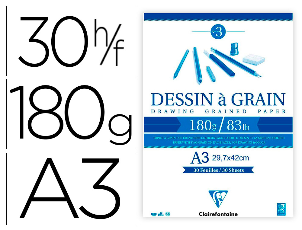 BLOC DESSIN   GRAIN CLAIREFONTAINE A3  ENCOLL     BLANC 29,7CMX42CM 180GR 30F