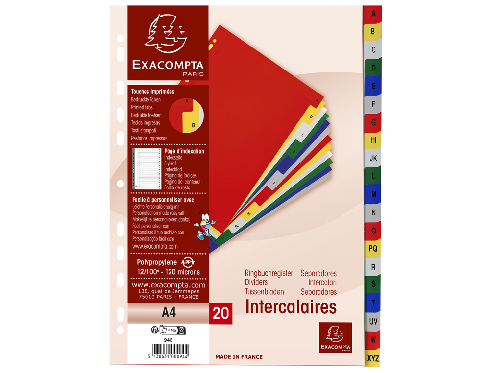 INTERCALAIRE EXACOMPTA A4 ALPHABETHIQUE A-Z PP 20       ONGLETS INDEX + COLORIS       ASSORTIS