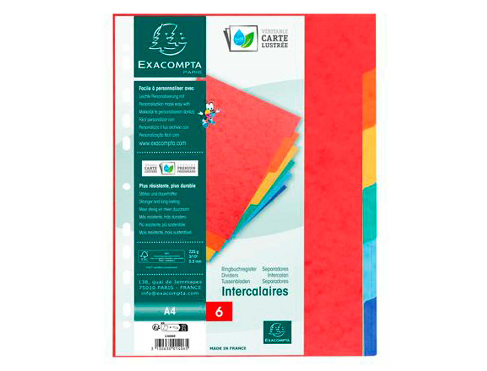 INTERCALAIRE EXACOMPTA CARTE LUSTREE 225GR A4 6 POSITIONS  COLORIS ASSORTIS