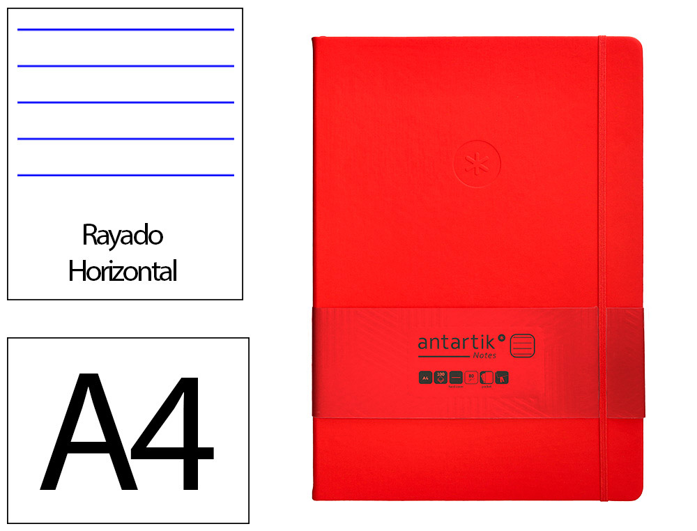 CARNET A4 ANTARTIK NOTES LIGNECOUVERTURE RIGIDE FERMETURE   ELASTIQUE 200 PAGES 80GR      COLORIS ROUGE