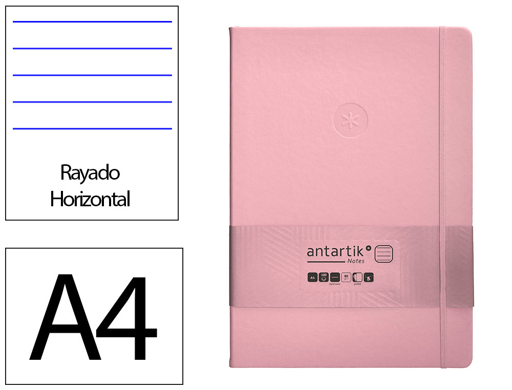 CARNET A4 ANTARTIK NOTES LIGNECOUVERTURE RIGIDE FERMETURE   ELASTIQUE 200 PAGES 80GR      COLORIS ROSE PASTEL