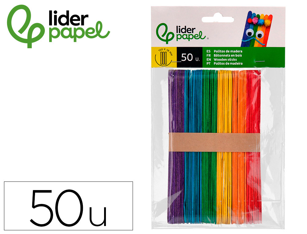 BATONNETS LIDERPAPEL BOIS DIM. 15X1,8CM COLORIS         ASSORTIS SACHET 50 UNITES