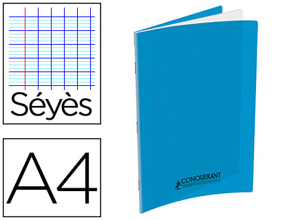 CAHIER PIQURE CONQUERANT COUVERTURE PP RIGIDE          TRANSPARENTE 21X29,7CM 48P    SEYES 90G COLORIS BLEU