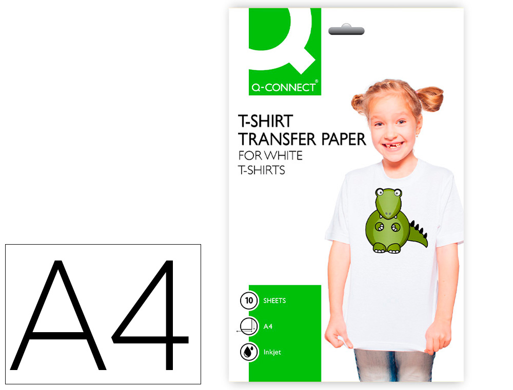 FEUILLE TRANSFERT Q-CONNECT POUR TEE-SHIRT COTON COLORIS BLANC COMPATIBLE TOUTE IMPRIMANTE JET D'ENCRE A4 PAQUET 10F