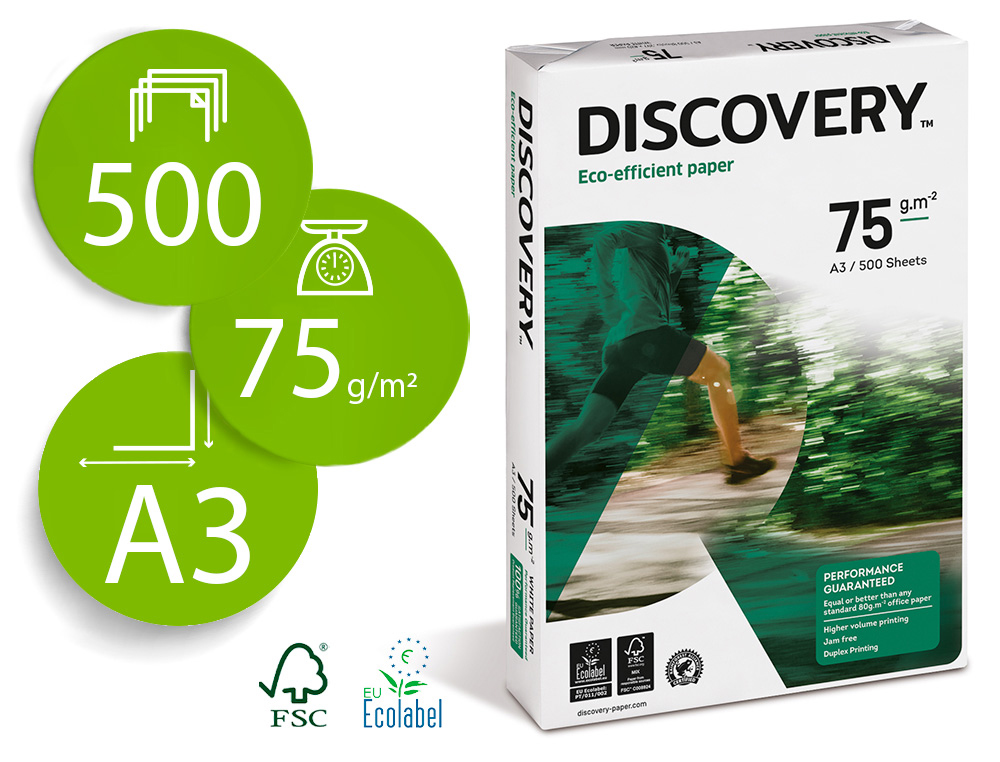 PAPIER DISCOVERY MULTIFONCTION GRAND VOLUME SANS BOURRAGE A3 75G/M2 BLANCHEUR 161 OPACIT 92 RIGIDIT 100 500 FEUILLES